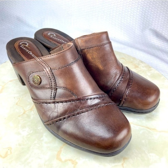 Earth Origins Mules Women Size 9 Brown Burnished Leather Open Back Slip On Shoes - Picture 1 of 11
